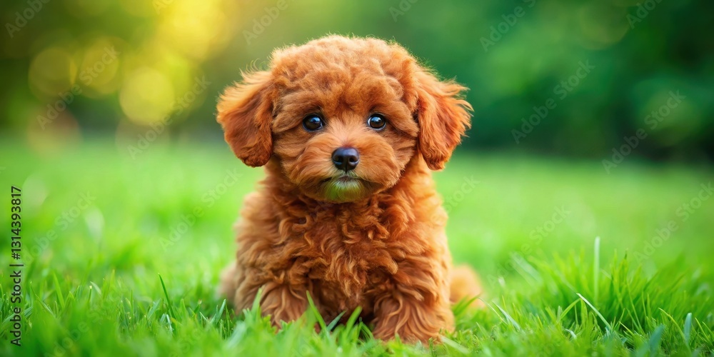 Adorable red toy poodle puppy sitting on green grass, looking up at the camera with big brown eyes and fluffy fur Adorable red toy poodle puppy sitting on green grass, looking up at the camera with big brown eyes and fluffy fur