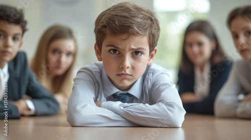 Image depicts a group of students sitting at desks in a classroom setting. They appear to be engaged in academic activities or taking a break with crossed arms, portraying an atmosphere of focus and