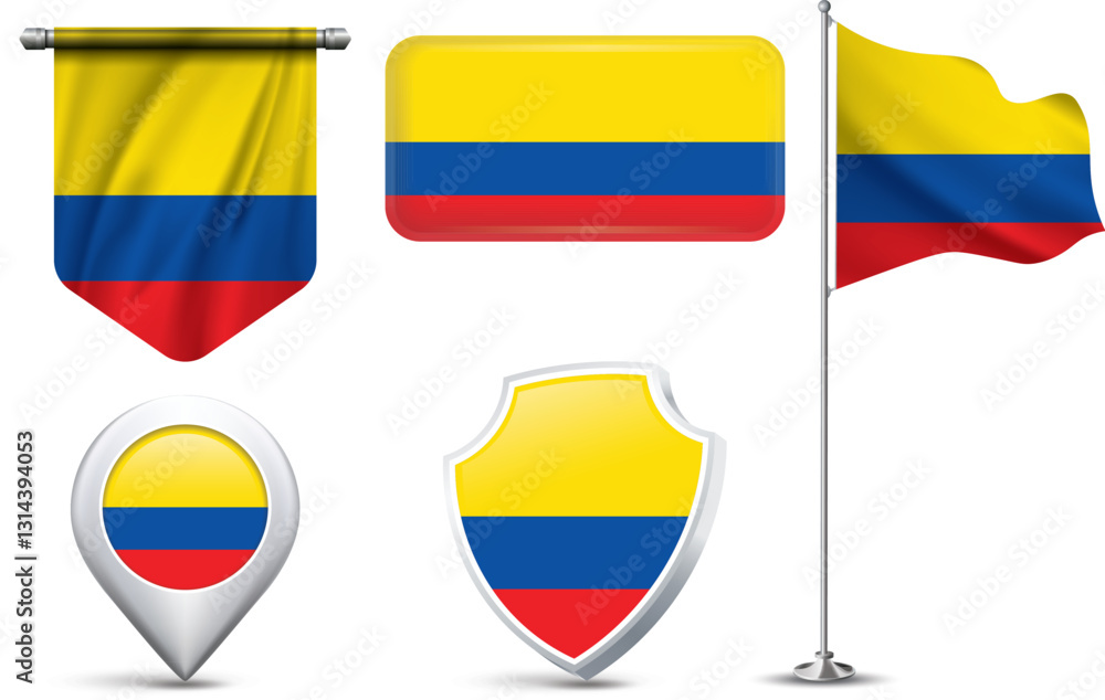 A set of 5 different designs of the Ecuador national flag in various shapes A set of 5 different designs of the Ecuador national flag in various shapes