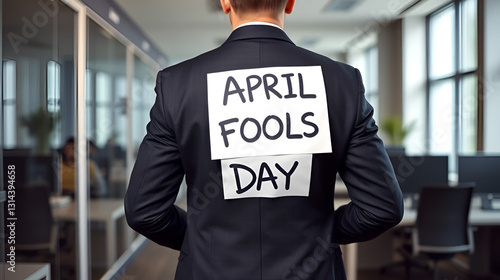 businessman in a suit with an April Fools' Day sign taped to his back, standing in a contemporary office. A lighthearted prank that embodies the playful and trickster nature of April 1st