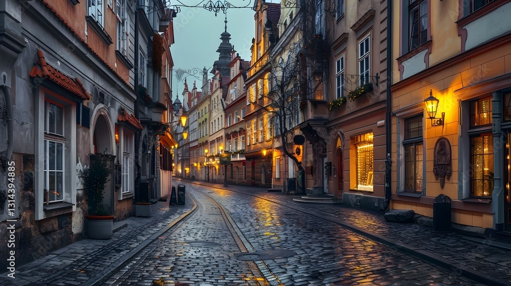 Fototapeta premium Enchanting European City Streetscape with Historic Architecture and Glowing Lights