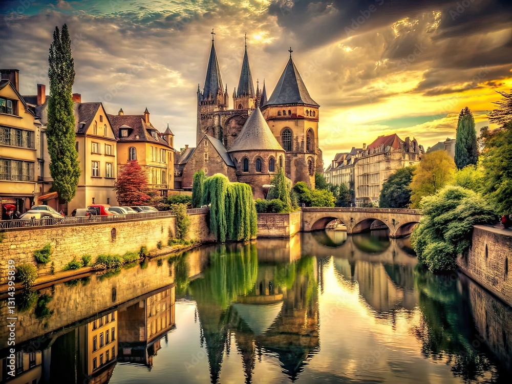 Obraz premium Vintage Metz Bras de la Moselle Temple Neuf Photography AI Art