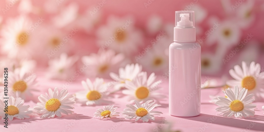 This image showcases a transparent aroma diffuser with a pink scent, placed on a floral background. The diffuser is sitting among fresh daisies, creating an atmosphere of tranquility and natural This image showcases a transparent aroma diffuser with a pink scent, placed on a floral background. The diffuser is sitting among fresh daisies, creating an atmosphere of tranquility and natural