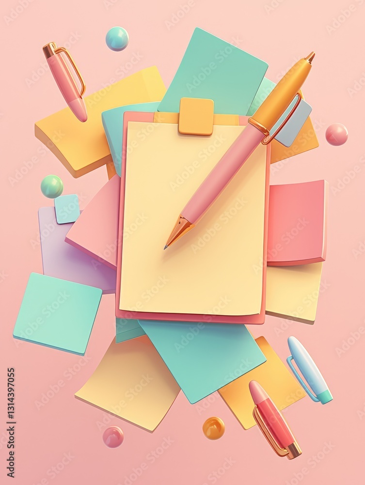 Colorful pencils and notepads arranged floating against a pink background Colorful pencils and notepads arranged floating against a pink background