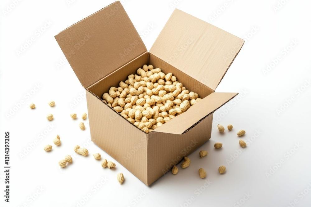 Packing Peanuts: Open Cardboard Box with Spilled Peanuts for Delivery or Gift Packing Peanuts: Open Cardboard Box with Spilled Peanuts for Delivery or Gift