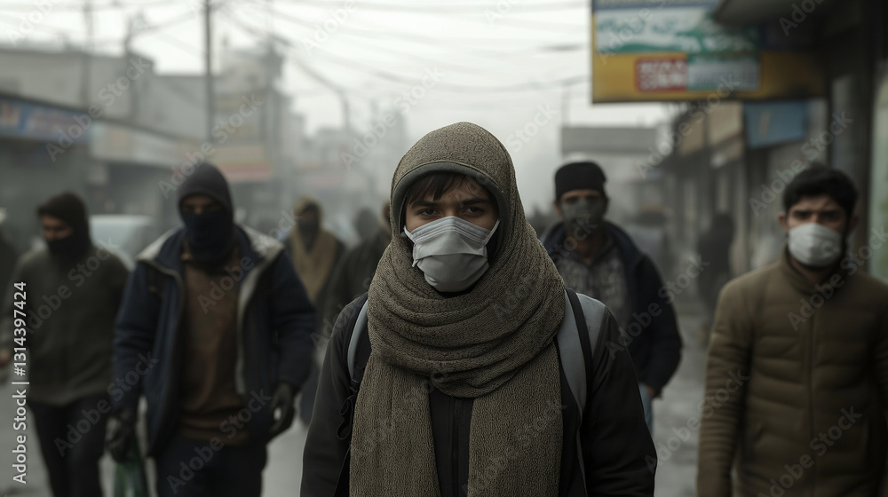 A once-busy pedestrian street now subdued under layers of dust, shop signs barely visible, and people walking with scarves wrapped around their faces for protection. A once-busy pedestrian street now subdued under layers of dust, shop signs barely visible, and people walking with scarves wrapped around their faces for protection.