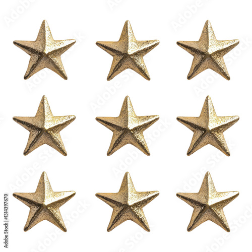 A collection of nine gold stars arranged in a grid pattern, showcasing their textured surface and distinct five-pointed shape.