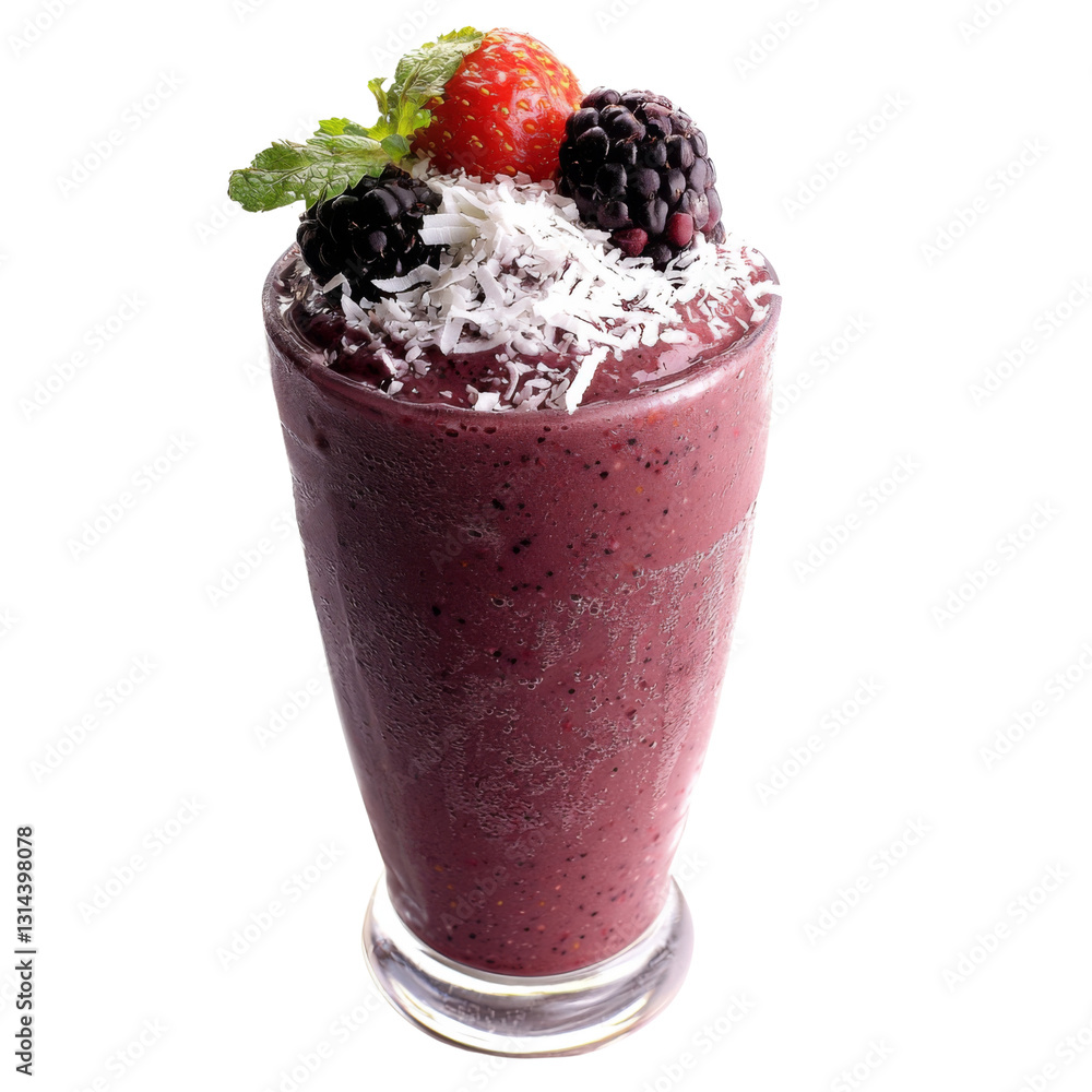 Delicious smoothie topped with berries, coconut, and mint, perfect for refreshing treat Delicious smoothie topped with berries, coconut, and mint, perfect for refreshing treat