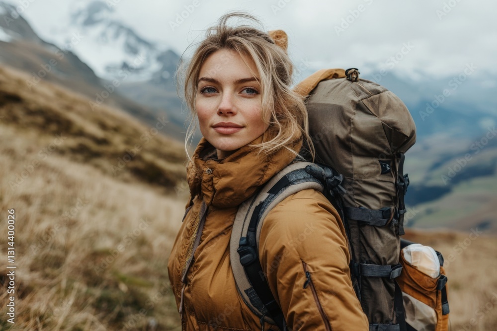 Adventurer enjoying a mountain hike while carrying a backpack in a beautiful scenic location Adventurer enjoying a mountain hike while carrying a backpack in a beautiful scenic location