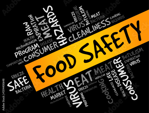 Food safety - scientific method describing handling, preparation, and storage of food in ways that prevent food-borne illness, word cloud text concept background