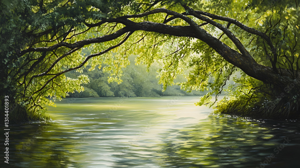Fototapeta premium Peaceful sunlit river with lush greenery and overhanging branches