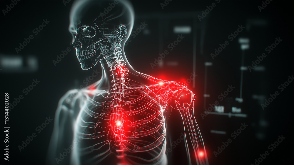 A medical scan-style image with a transparent skeletal figure, where the shoulder joints radiate a painful red glow, visually representing joint inflammation and discomfort. A medical scan-style image with a transparent skeletal figure, where the shoulder joints radiate a painful red glow, visually representing joint inflammation and discomfort.