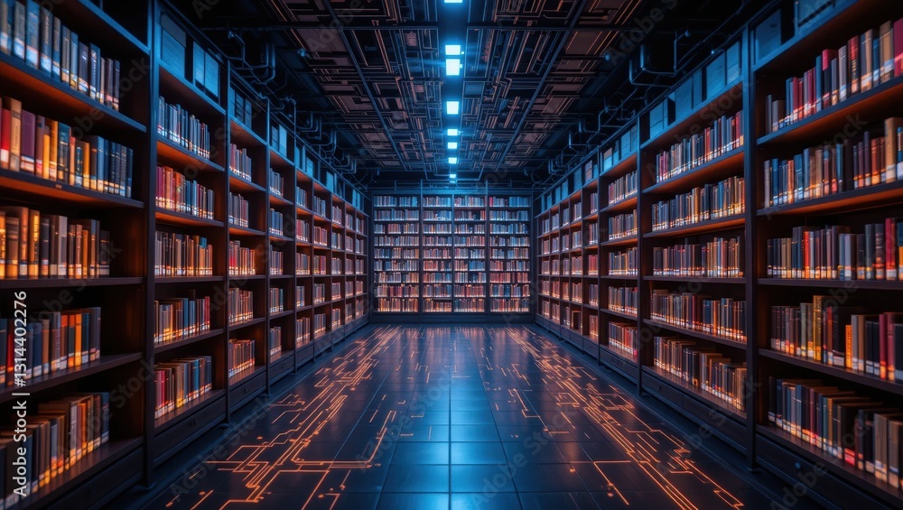 Futuristic Library Interior with Illuminated Bookshelves and Modern Design Elements Futuristic Library Interior with Illuminated Bookshelves and Modern Design Elements