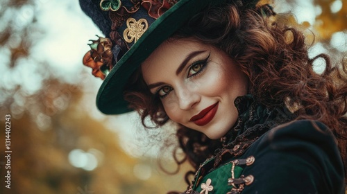 A captivating photograph of a woman dressed in an elaborate costume reminiscent of classic Gothic-Steampunk aesthetics, with a fairy tale twist. The attire features intricate designs and elements