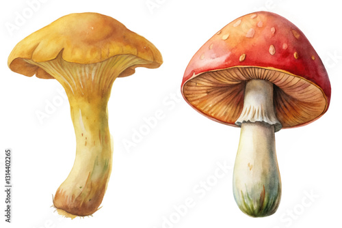 Watercolor mushrooms, vibrant colors, detailed illustration, nature study, botanical art, edible fungi, artistic design.