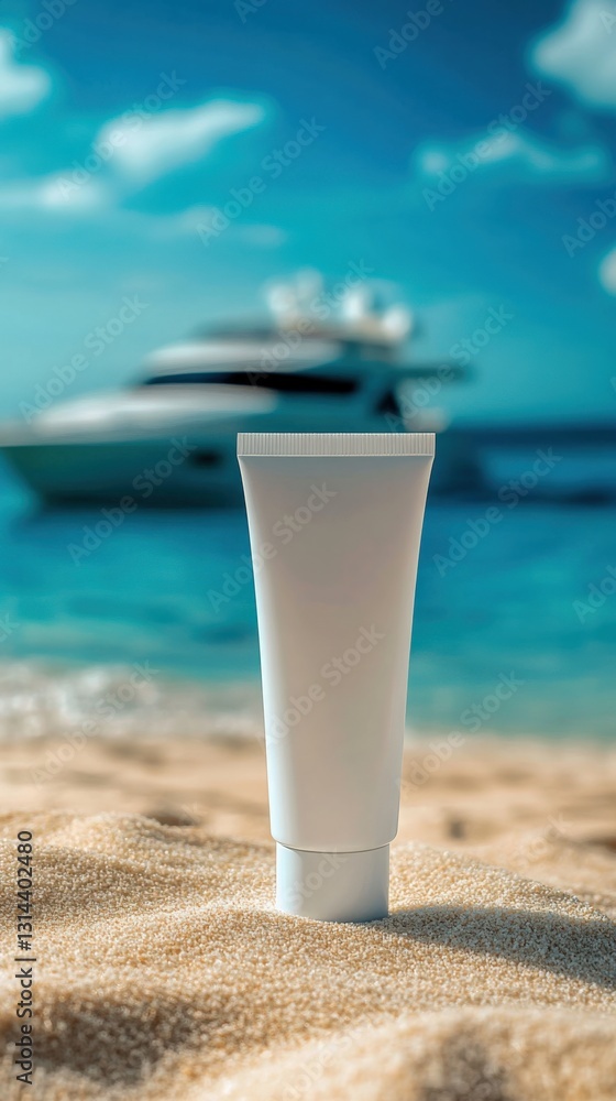 Sunscreen tube on sandy beach with yacht in background tropical paradise product photography coastal view summer vibes Sunscreen tube on sandy beach with yacht in background tropical paradise product photography coastal view summer vibes