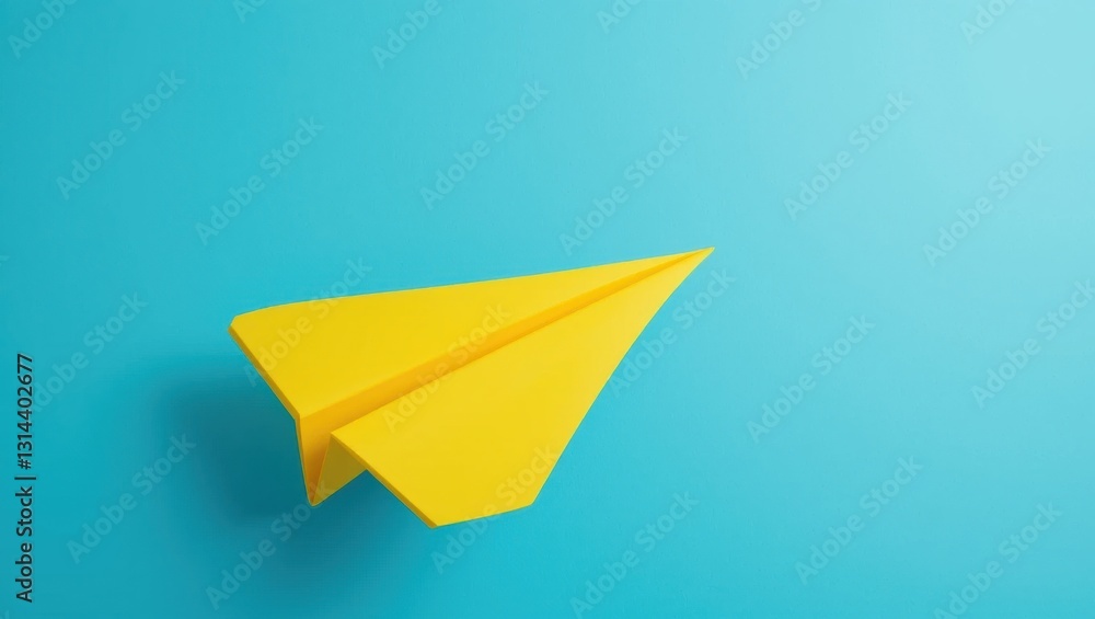 Bright Yellow Paper Airplane on a Vibrant Blue Background Representing Creativity and Imagination Bright Yellow Paper Airplane on a Vibrant Blue Background Representing Creativity and Imagination