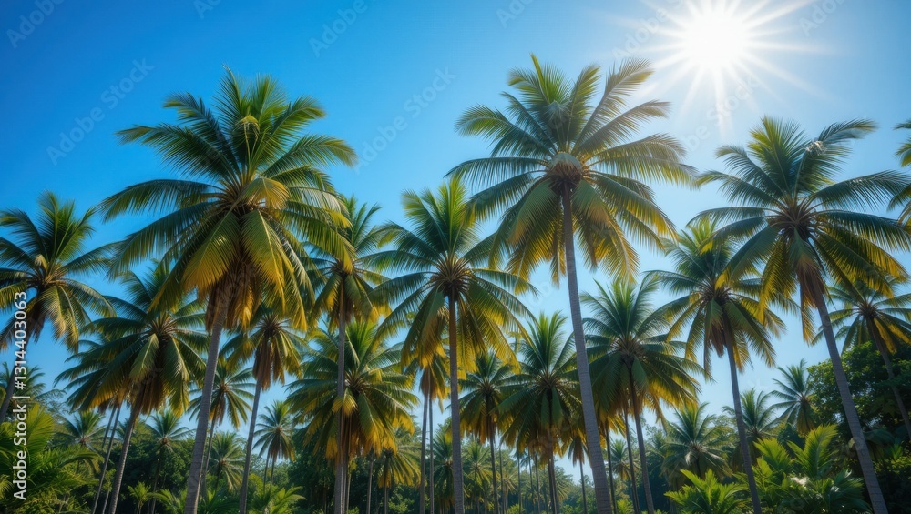 Vibrant Tropical Palm Trees Under Bright Sunlight Against Clear Blue Sky Vibrant Tropical Palm Trees Under Bright Sunlight Against Clear Blue Sky
