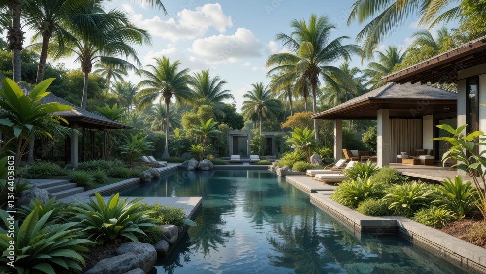 Tranquil Tropical Resort with Lush Greenery and Serene Pool Surrounded by Palm Trees Tranquil Tropical Resort with Lush Greenery and Serene Pool Surrounded by Palm Trees
