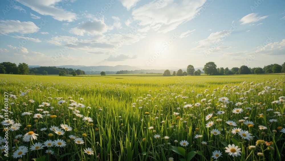 Expansive Meadow Blanketed with Wildflowers Under a Clear Sky at Sunrise Expansive Meadow Blanketed with Wildflowers Under a Clear Sky at Sunrise