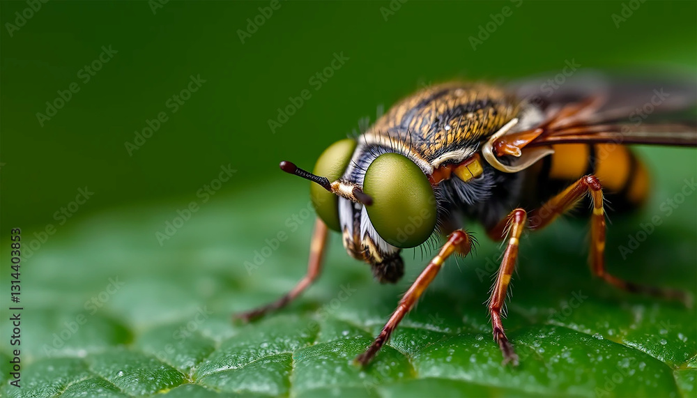 A Vibrant, Intricately Detailed Fly With Striking Emerald Eyes Rests On A Dew-kissed Leaf, Showcasing Its Mesmerizing Beauty In Sharp Focus Against A Soft Green Backdrop