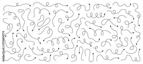Set of different doodle squiggly, loopy line arrows, editable stroke vector elements