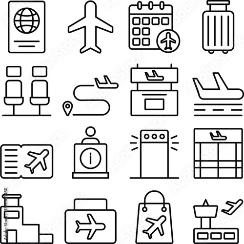 Airport icon set. Includes aviation, airplane, terminal, boarding, runway, control tower, and More. Outline icons vector collection