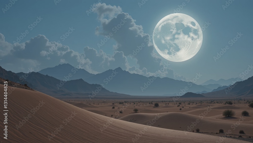 Expansive Desert Landscape Under A Bright Full Moon With Dramatic Clouds And Mountains Expansive Desert Landscape Under A Bright Full Moon With Dramatic Clouds And Mountains