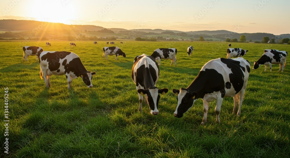 Cows grazing peacefully in a green meadow during sunset, with mountains in the background Cows grazing peacefully in a green meadow during sunset, with mountains in the background
