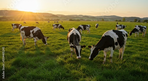 Cows grazing peacefully in a green meadow during sunset, with mountains in the background