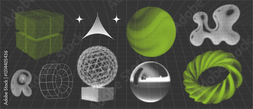 Retrofuturistic 3D shapes set in halftone dotted style. Chrome halftone elements with glossy effect. Y2K grid elements and geometric shapes - sphere, ring. 3D y2k graphic in brutalism style. Vector