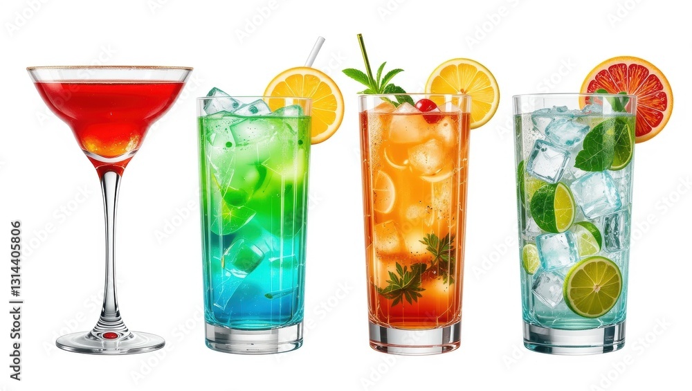 Four Colorful Cocktails on Display Featuring Ice and Fresh Fruit Garnishes Four Colorful Cocktails on Display Featuring Ice and Fresh Fruit Garnishes