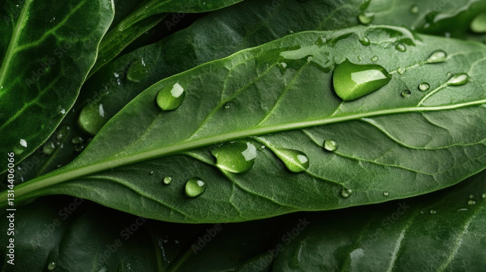Fototapeta premium Detailed veins of a leaf illuminated by droplets in a lush environment Generative AI