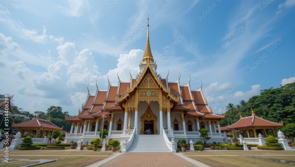 Fototapeta premium Ornate Buddhist Temple Surrounded by Lush Landscape Under a Blue Sky in Thailand