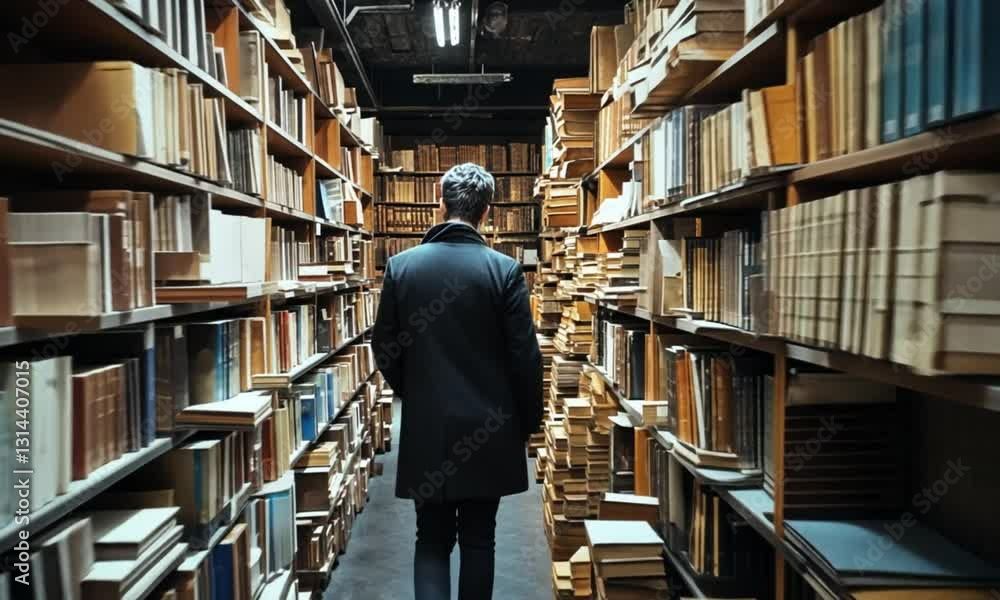 A person walks between two full bookshelves in a library or bookstore. A person walks between two full bookshelves in a library or bookstore.