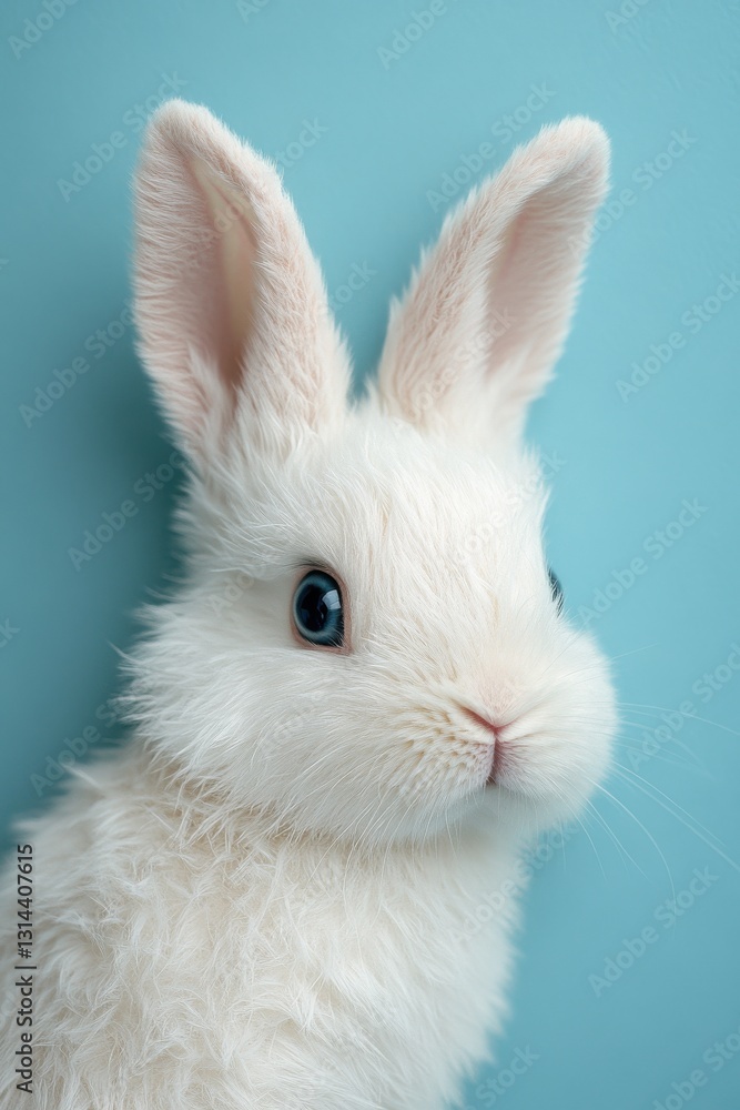 Fototapeta premium Adorable white rabbit against a pastel blue background