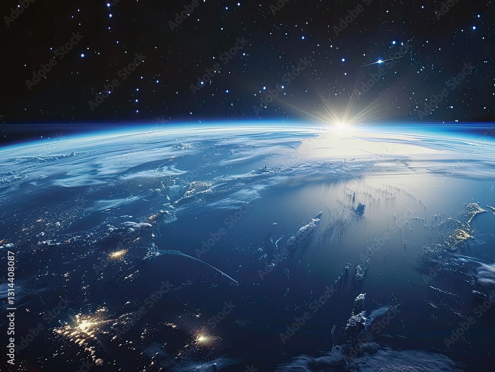 Spectacular Sunrise Over Earth Viewed From Orbit with Starry Backdrop Spectacular Sunrise Over Earth Viewed From Orbit with Starry Backdrop