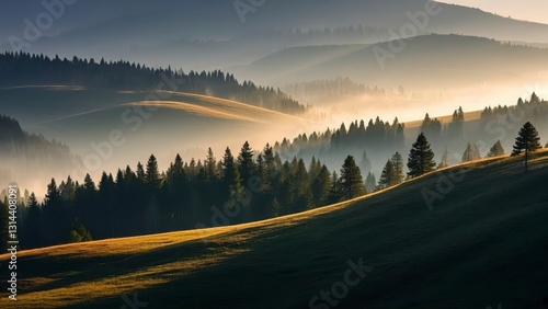 Serene forest landscape at sunrise with layers of mist covering rolling hills, casting golden light over dense evergreen trees