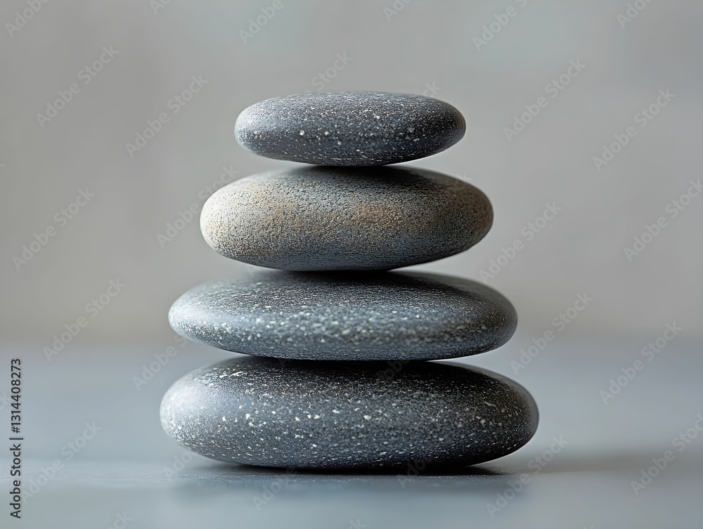 Balanced grey zen stones stacked vertically, symbolizing tranquility, mindfulness, and harmonious equilibrium in minimalist zen composition