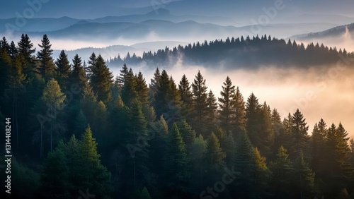 Serene forest landscape at sunrise with layers of mist covering rolling hills, casting golden light over dense evergreen trees