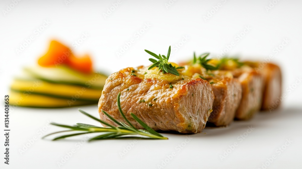 Juicy Grilled Meat with Fresh Herbs and Colorful Vegetables on White Background for Culinary Presentations Juicy Grilled Meat with Fresh Herbs and Colorful Vegetables on White Background for Culinary Presentations