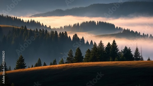 Serene forest landscape at sunrise with layers of mist covering rolling hills, casting golden light over dense evergreen trees