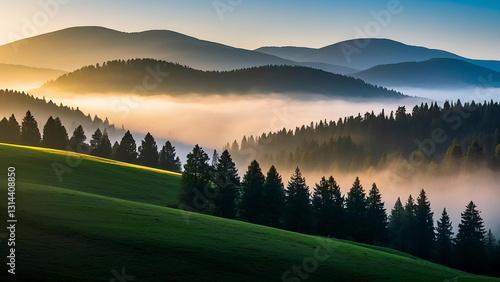 Serene forest landscape at sunrise with layers of mist covering rolling hills, casting golden light over dense evergreen trees