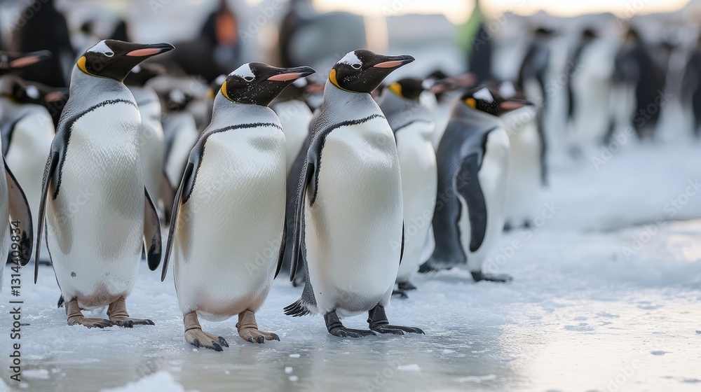 Fototapeta premium Group of Majestic Penguins Walking on Ice in a Cold Landscape with Beautiful Background Light