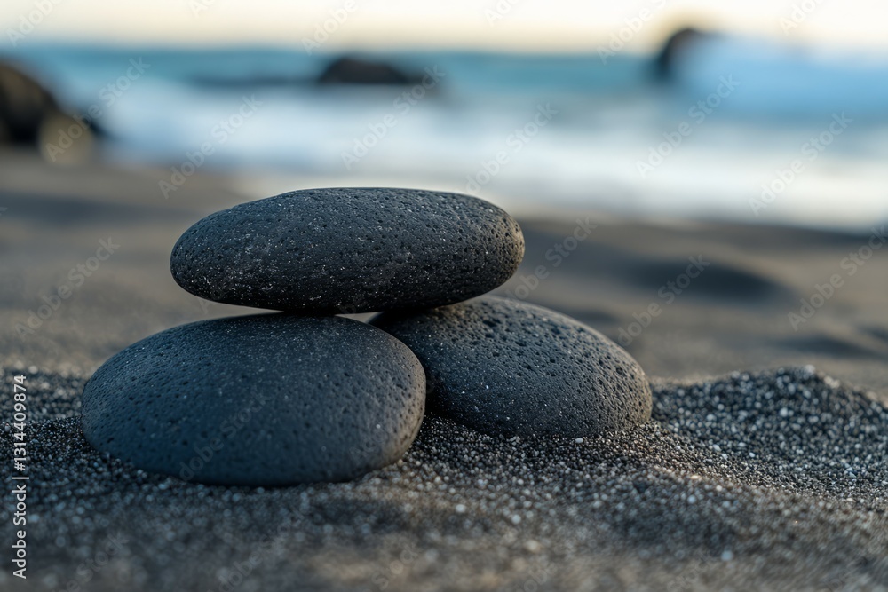 Serene beach with smooth black pebbles and azure ocean. Neural network AI generated Serene beach with smooth black pebbles and azure ocean. Neural network AI generated