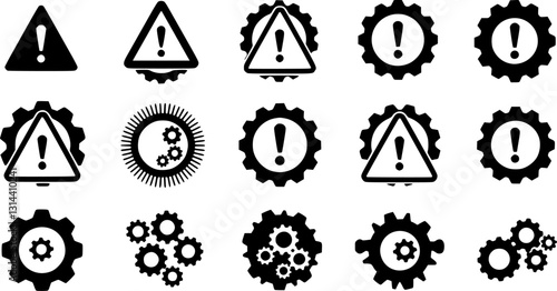 Warning icon set, broken operational process, gear symbol with exclamation mark, troubleshoot filled, repair or maintenance symbol
