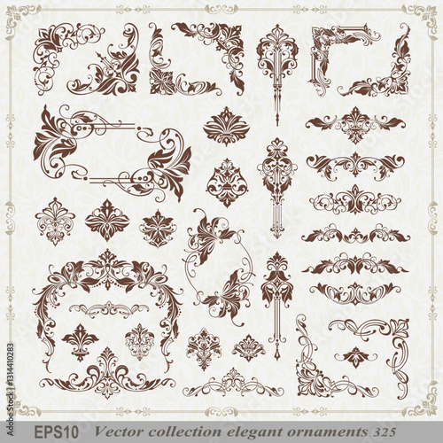 Vintage design lace borders monogram logo and corners Vector set art deco floral ornaments elements