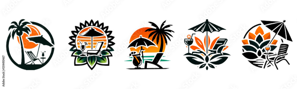 Summer beach party tropical island with cocktail and lotus flower logo design concept idea vector set Summer beach party tropical island with cocktail and lotus flower logo design concept idea vector set