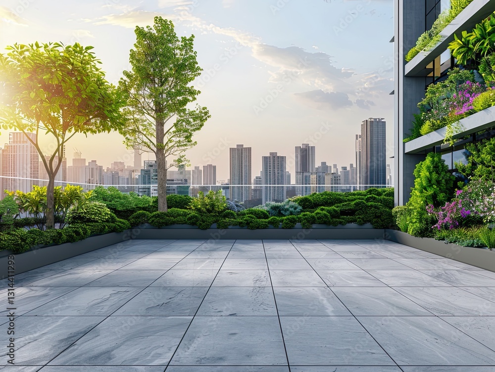 Urban rooftop sanctuary with vibrant greenery and skyline panorama Urban rooftop sanctuary with vibrant greenery and skyline panorama