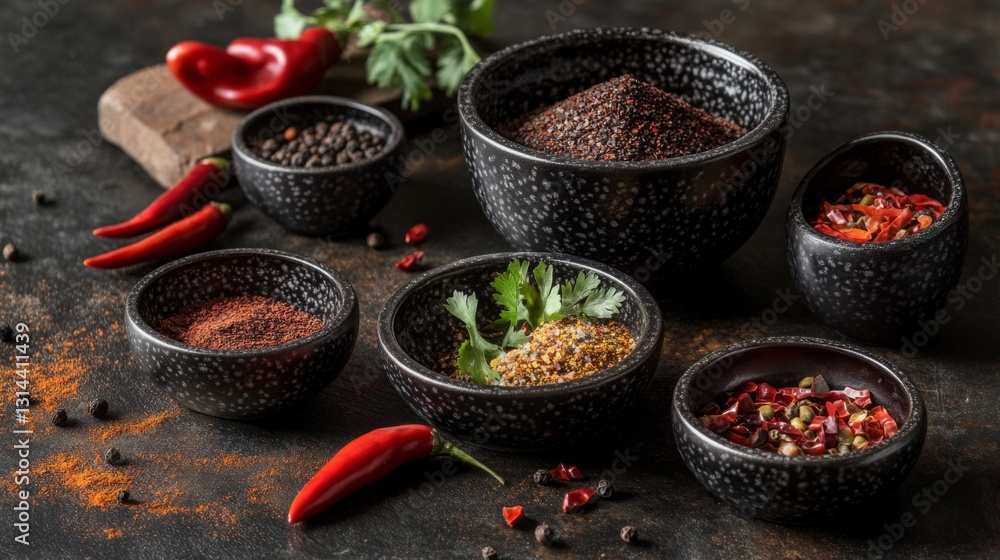 Φωτογραφία An artistic arrangement of various chili powders in small bowls, with fresh chil
